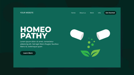 Homeopathic Medicine Landing Page Template. Homeopathic pills. Homeopathy banner, flex, and social media post. Logo majesty concept. 