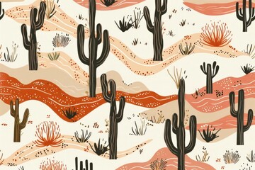 dry desert landscape illustration background with cactus and tumbleweed in warm earth tones as sandy beige, terracotta orange and rusty red. neat summer heat wild west concept design.  - obrazy, fototapety, plakaty