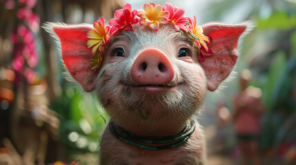 Animated pig hula hooping, front view, showcasing its playful spirit and fitness enthusiasm, in a lively, colorful environment. - obrazy, fototapety, plakaty