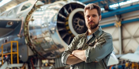 Aircraft Mechanic checking jet engine of the airplane