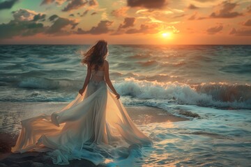 A woman in a white dress standing on a beach - Powered by Adobe