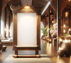 Elegant Spa Interior with Thai Traditional Decor,A tranquil spa corridor featuring an ornate empty frame, wooden floor, and calming . - 766421271