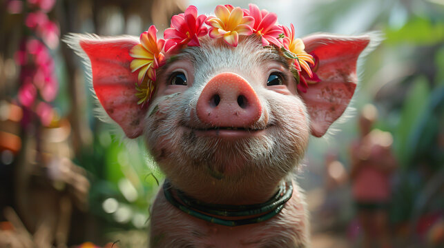 Animated pig hula hooping, front view, showcasing its playful spirit and fitness enthusiasm, in a lively, colorful environment.