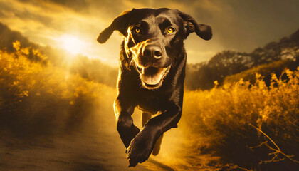 Cute black labrador retriever dog running and looking straight at the camera. Against the...