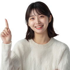 Joyful Insight: A Radiant Young Woman Pointing to an Invisible Idea, Embodying Optimism and Inspiration