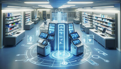 High-Tech Medical Laboratory with Digital Monitoring  screens and a healthcare professional analyzing data in a futuristic setting... - 766421835