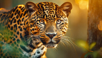 Portrait of a jaguar, wild cat surrounded by foliage of trees in the forest and sun rays. Empty space for your text. Generative AI