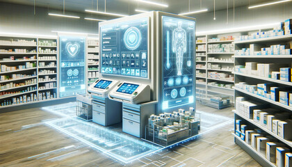 Futuristic Pharmacy Interior with Digital Interfaces health monitoring organized medication shelves . - 766421895