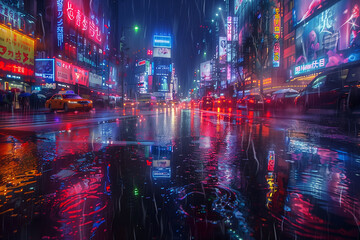 Rain-Drenched Streets: Neon Glow and Urban Flow
