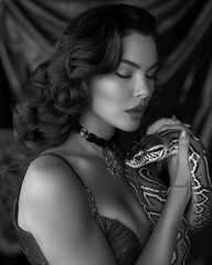 Obraz premium black and white photo of a beautiful plus size Russian model holding a python, photorealistic portrait style, contrast geometry, canon eos 5d mark iv, animal intensity, colorful fantasy realism, studi
