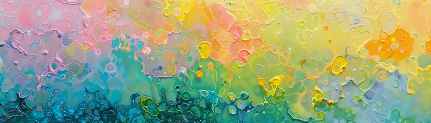 A vibrant, textured background with an abstract pattern of rainbow-colored bubbles blending into...