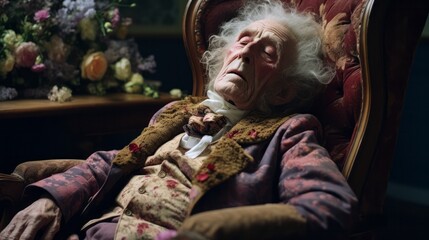 An old man is sleeping in a chair with a floral arrangement in the background. Concept of relaxation and peacefulness