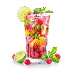 Raspberry mojito cocktail with lime, mint and ice, cold, iced refreshing drink or beverage isolated on white background