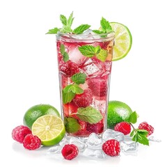 Raspberry mojito cocktail with lime, mint and ice, cold, iced refreshing drink or beverage isolated on white background