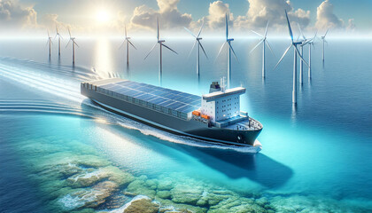 Solar-Powered Cargo Ship and Offshore Wind Turbines,epresenting a harmonious blend of maritime transport and renewable energy.. - 766422450