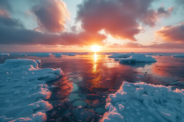 Arctic Sunset: Glowing Horizon over Icy Seascape - obrazy, fototapety, plakaty