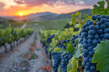 Ripe Grapes Awaiting Harvest in Twilight Vineyard - obrazy, fototapety, plakaty