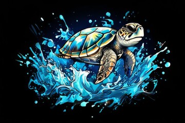 Majestic turtle is seen gliding effortlessly through water, its movements slow, graceful. For Tshirt design, posters, postcards, other merchandise with marine theme, childrens books.