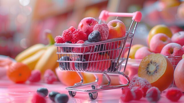 laptop displaying a virtual shopping cart filled by fruit sits atop a abstract background, online shopping