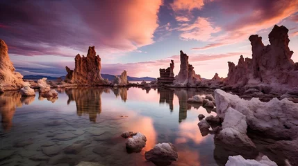 Fototapeten Colorful sunrise over the turrets of llama and tower rock formations at obscenely low water level in Champagne National Park Mono Lake, © HillTract