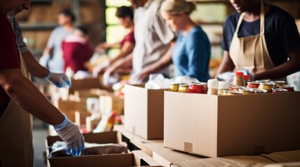 Boxes of food, groceries in the foreground and working Volunteers in the background at the community center. Food Bank, Donations, Social assistance to the poor, needy, Charity organization, Free Food - obrazy, fototapety, plakaty