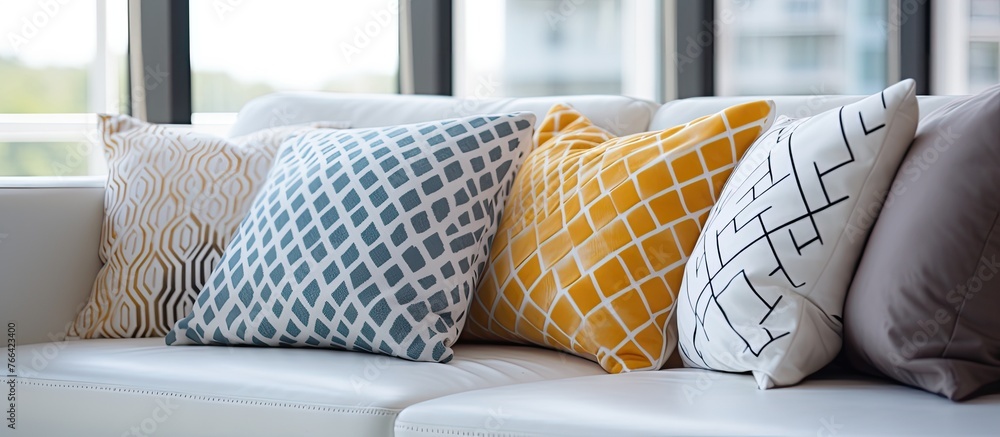 Poster a close up of a white couch covered with an assortment of soft pillows in various shapes and sizes