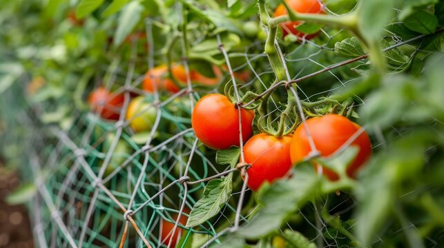 A detailed photo of tomato plants growing in a planter with chicken wire and a trellis.