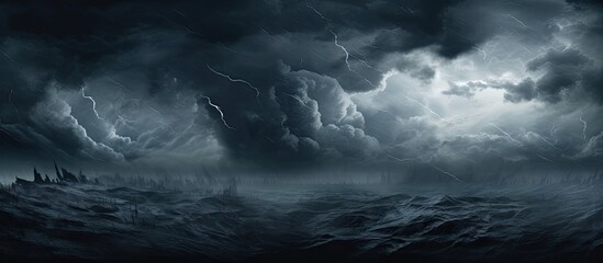 The dramatic scene captures a dark stormy sky with lightning and ominous storm clouds looming over the vast ocean, creating a sense of impending danger and power