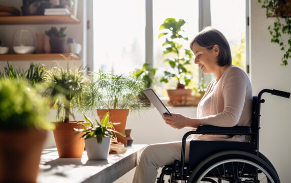 An elderly senior woman with disabilities on a wheelchair using a tablet takes care of house plants, wellness at home concept