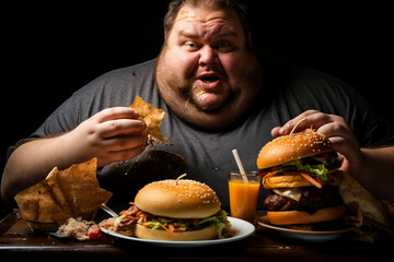 Fat obese person eating food dieting harmful bad habits generative AI illustration
