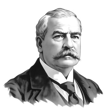 Black and white vintage engraving, close-up headshot portrait of John Pierpont (J.P.) Morgan, the famous historical American financier and investment banker, white background, greyscale