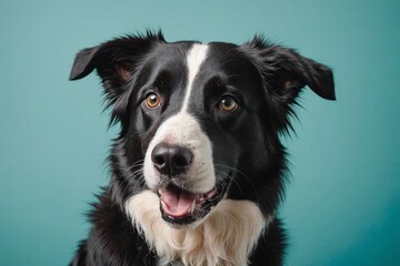 studio headshot portrait of border collie looking forward licking with tongue to the side and a teal blue background