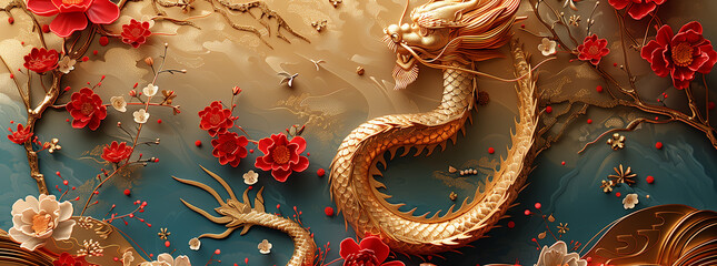 Intricate Chinese Dragon Sculpture with Floral Embellishments