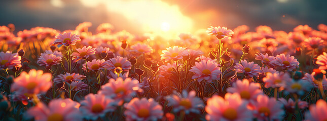Fototapeta na wymiar Field of Pink Flowers at Sunset with Glowing Light