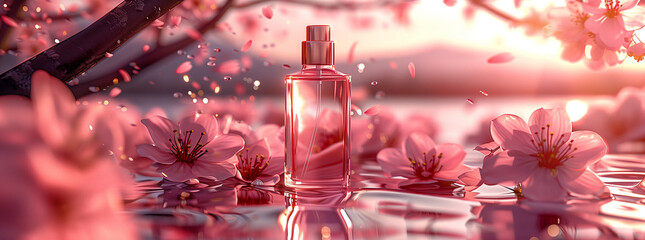 Perfume Bottle Amidst Blossoming Cherry Flowers

