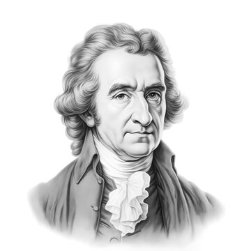 Black and white vintage engraving, close-up headshot portrait of Thomas Paine, the famous historical English-born US American Founding Father and political activist, white background, greyscale