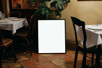 Restaurant Setting with a Framed Poster Mockup for Menus and Special Offers. Ideal for showcasing daily specials, menus, or artwork in a dining context.