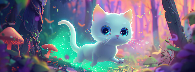 Enchanted Forest Scene with a Cute Cartoon Cat
