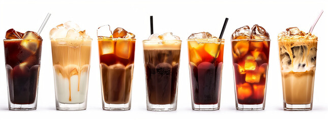 Variety of Iced Coffee Drinks Isolated on White Background