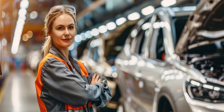Confident female engineer examining car chassis