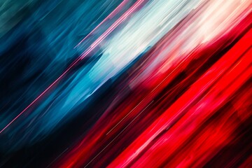 Red, white and blue abstract background with dynamic light streaks. High speed photography with motion blur and speed lines creating a panoramic redshift render on a dark blackground