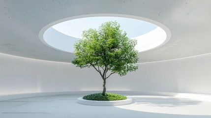 A tree in the center of an empty white room with a circular skylight. Green grass on top and a round stand for growing plants