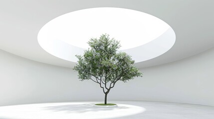 A tree in the center of an empty white room with a circular skylight, The interior design is reminiscent of an architecture magazine, with a modern and simple yet elegant symmetrical composition