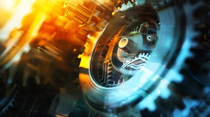 industrial engine with gears and cogs, blurred background, bright light creating lens flare...