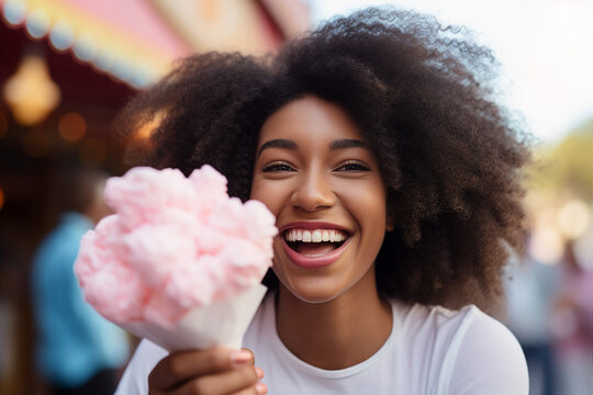 Smiling young woman with ice cream having fun in amusement park made with generative AI