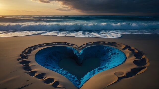 A heart made of sand, surrounded by a sea of blue. This abstract surreal scene is a testament to the power of imagination and creativity. The high quality rendering captures every intricate detail, wh