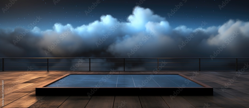 Poster a swimming pool on a wooden deck with clouds in the background, creating a serene atmosphere with th