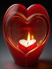 Heart shaped candle on red background.