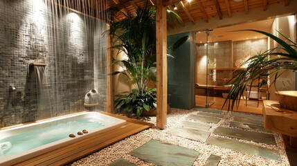 A spa retreat bathroom with a waterfall shower, teak wood accents, and pebble tile flooring