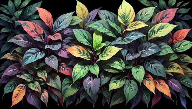 Multi color aglonema leaves in dark color background. Artistic Digital painting style. Generative AI image
